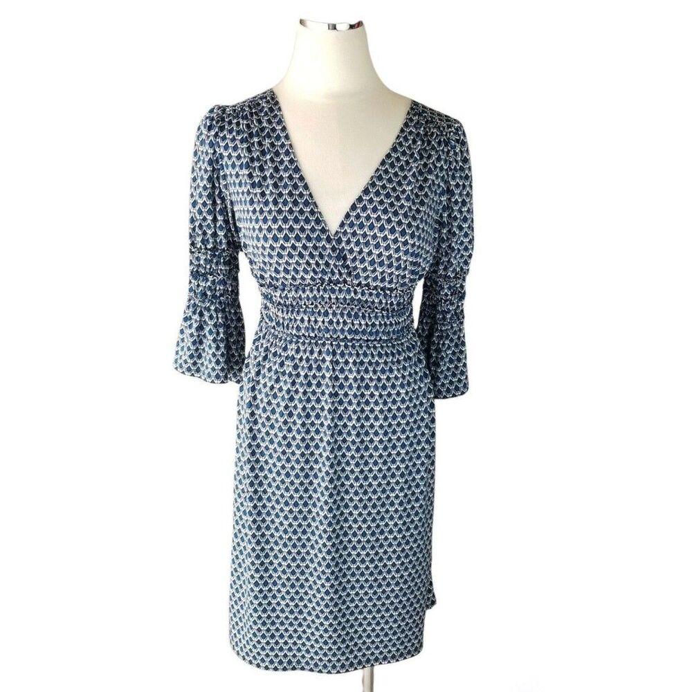 Sophie Max Blue Geometric Faux Wrap Dress Small Smocked Bell Sleeve Boho Work